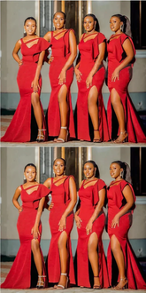 Cheap African Red Bridesmaid Dresses Mermaid Side Slit Long Wedding Party Dress MyChicDress